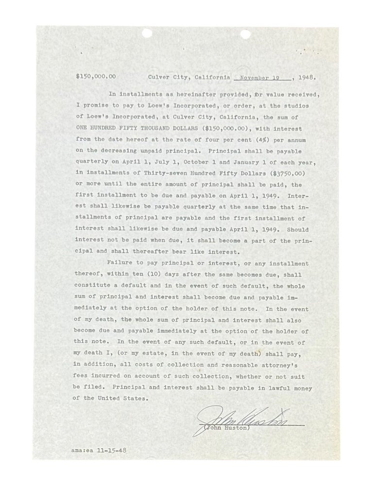 Item #10149 Signed Contract with Loew's Incorporated. John Huston.