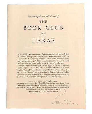 Item #3662 Announcing the re-establishment of The Book Club of Texas broadside [with] News from...