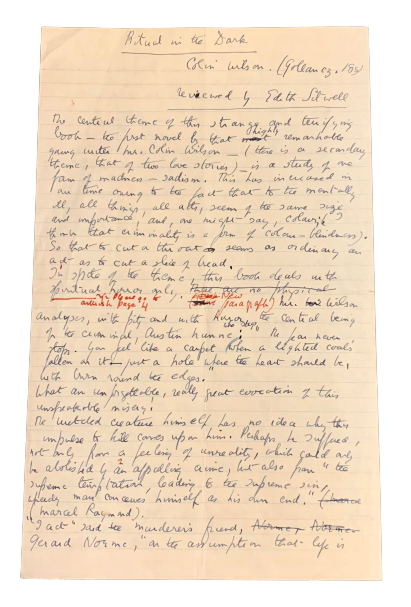 Item #3727 Edith Sitwell's Manuscript Review of Ritual in the Dark by Colin Wilson. Edith Sitwell, Colin Wilson.