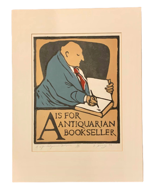 Item #4681 [Lineoleum Block Print] A is for Antiquarian Bookseller. Barbara Zook Forney