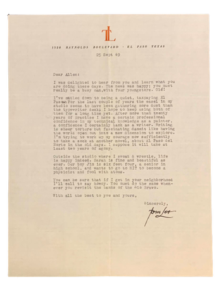 Item #4853 Typed Letter Signed discussing the beginnings of The Wonderful Country. Tom Lea