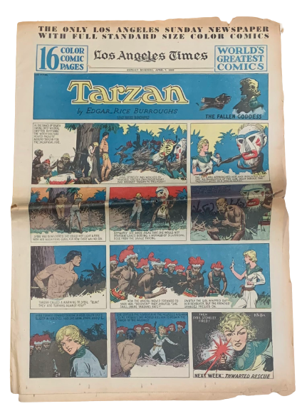 Item #4857 "The Fallen Goddess" from "The Aviatrix," Tarzan Sunday story in Los Angeles Times Comics, April 7, 1935. Edgar Rice Burroughs.