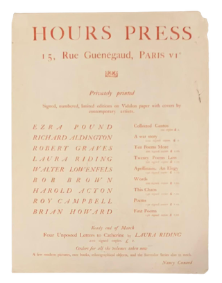 Item #5069 Hours Press Broadside Advertisement. Nancy Cunard