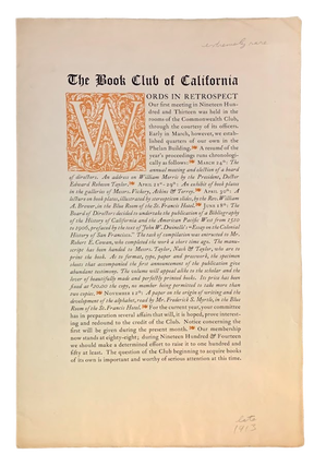 Item #5402 Words in Retrospect. John Henry Nash, The Book Club of California