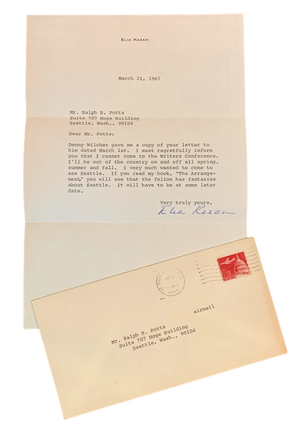 Item #5458 Typed Letter Signed to Ralph Bushnell Potts of Seattle. Elia Kazan