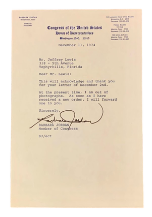 Item #5540 Typed Letter Signed on Congressional Letterhead. Barbara Jordan