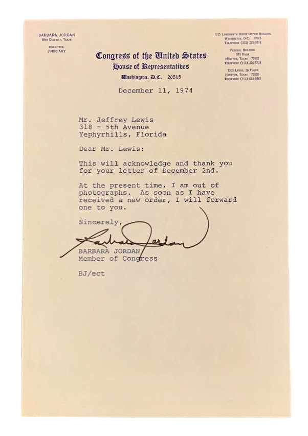 Item #5540 Typed Letter Signed on Congressional Letterhead. Barbara Jordan.