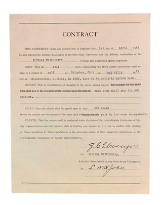 Item #5710 Contract for a Golf Contest between Indiana and Ohio State Universities. Naismith Hall...
