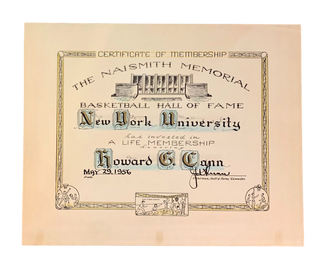 Item #5714 The Naismith Memorial Basketball Hall of Fame Certificate of Membership. Howard G....