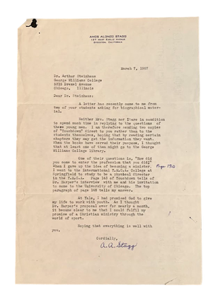 Item #5721 Typed Letter Signed to Arthur Steinhaus discussing Touchdown. Hall of Fame, Amos...
