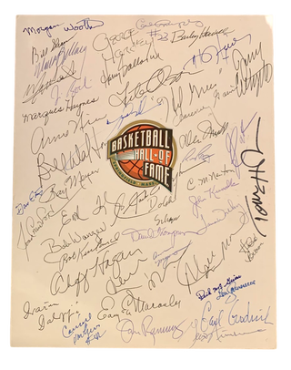 Item #5823 Board Signed by 48 Members of the Basketball Hall of Fame. Naismith Hall of Fame, JSA