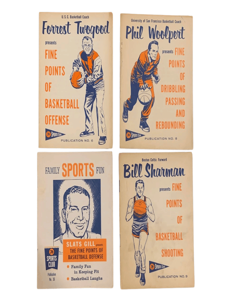 Item #6115 Fine Points of Basketball Offense, Defense, Dribbling Passing and Rebounding, and Shooting. 4 Volumes. Basketball, Phil Woolpert, Slats Gill, Bill Sharman, Forrest Twogood.