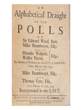 An alphabetical draught of the polls of Sir Edward Ward, Bart. Miles Branthwayt, esq; and of Horatio Walpole, Waller Bacon, esqs; for members of parliament for the city of Norwich...