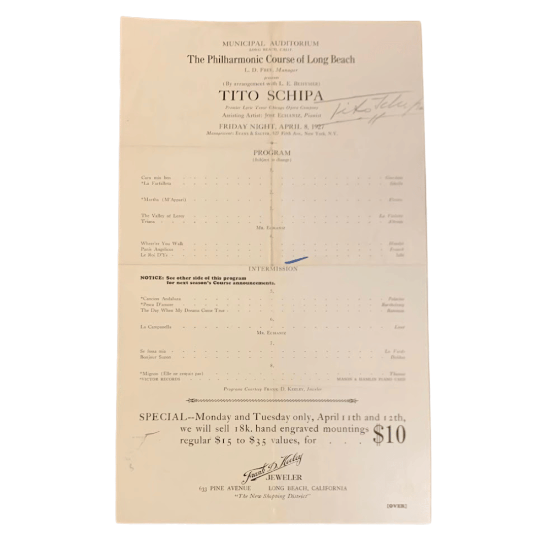 Signed Program from Long Beach, California Performance | Tito Schipa