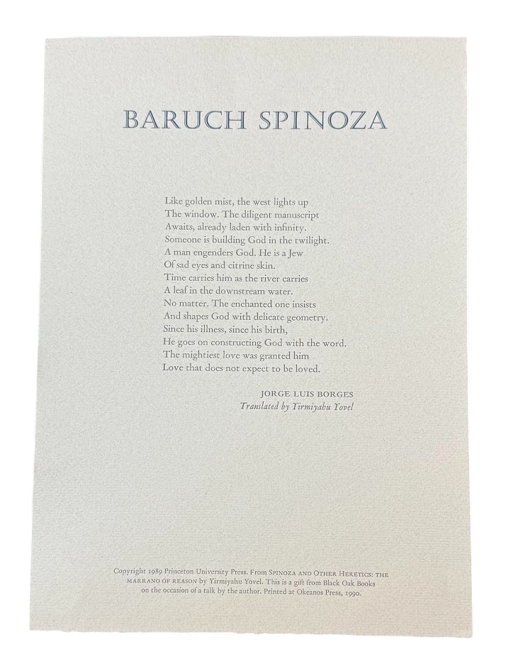 Item #7907 Baruch Spinoza [Broadside]. Jorge Luis Borges, Yirmiyahu - transl Yovel.