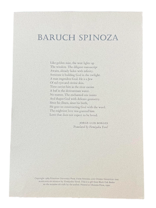 Item #7907 Baruch Spinoza [Broadside]. Jorge Luis Borges, Yirmiyahu - transl Yovel