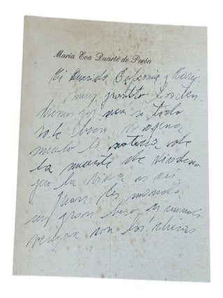 Item #8979 Manuscript Letter from Eva Per&oacute;n to Family. Evita, Eva Per&oacute;n