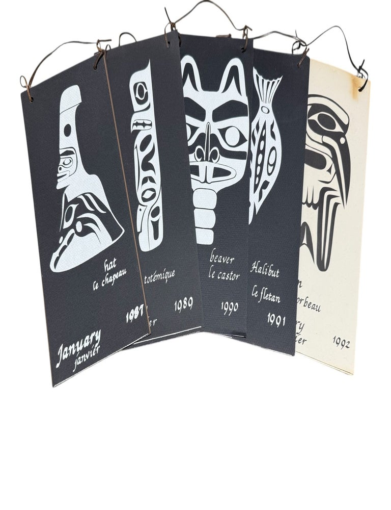 Five Bilingual English/French Flip Calendars Featuring Northwest Formline Style Art. Petroglyphs, Haida Style, Indigenous-inspired Art.