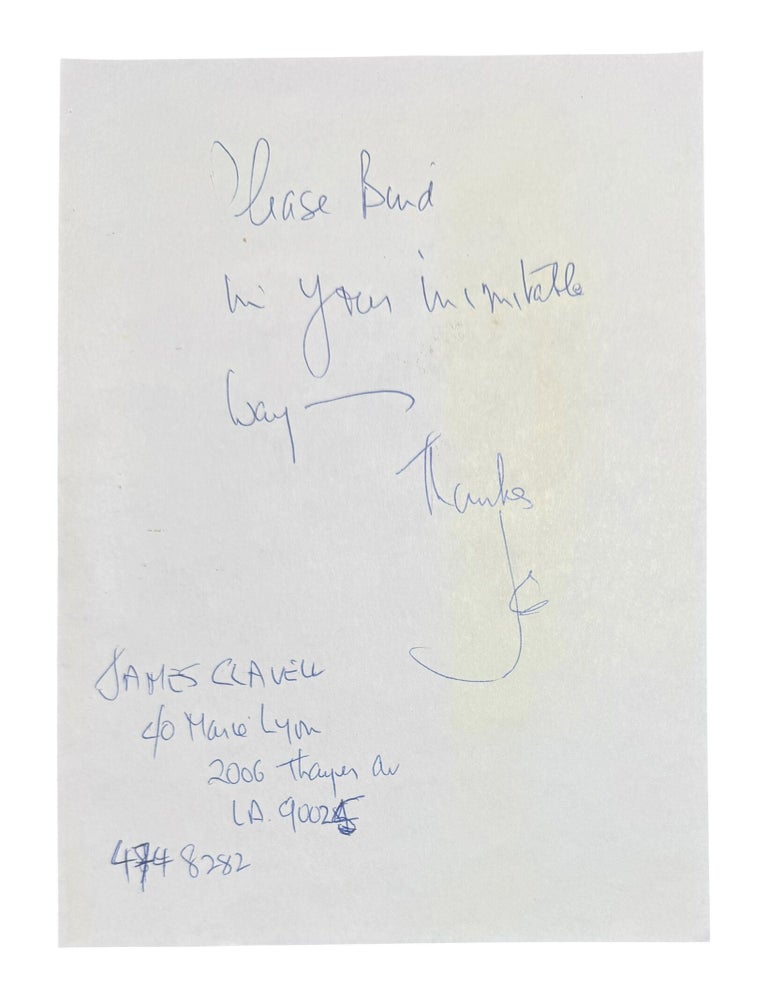 Item #9951 Autograph Note Signed. James G. Clavell.